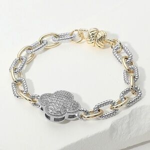 14K Gold Plated CZ Stone Paved Quatrefoil Charm Accent Chain Magnetic Bracelet